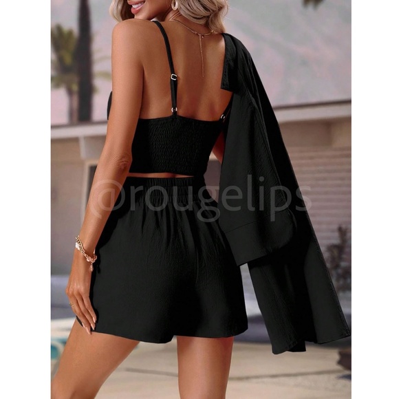 Shorts Set: Cami Crop Top, Button Up Shirt & Shorts in Black - Picture 5 of 7